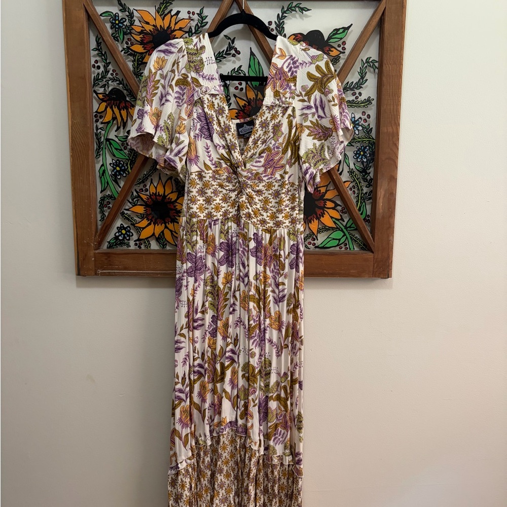 Angie White Maxi Dress with Purple & Olive Floral Print